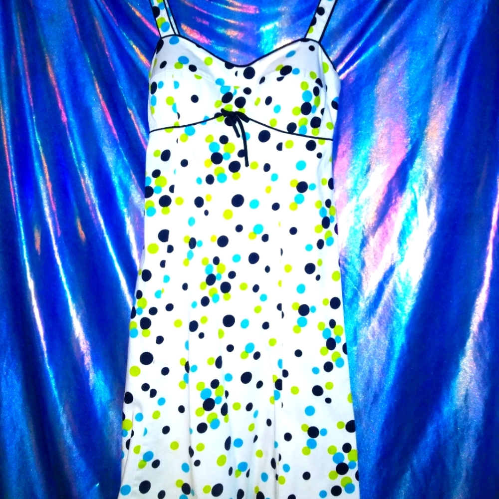 Sweetheart neckline A-Line White Dress with Lime, Turquoise and black polka dot